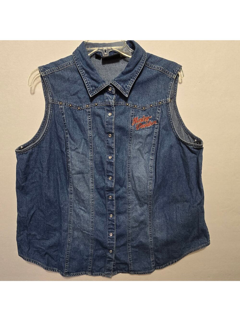 Harley Davidson Womens 1W Denim Vest Shirt Studded Pearl Snap Embroidered Back